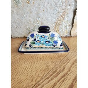 Blue Rose Polish Pottery Ballina Butter Dish Cottagecore EUC